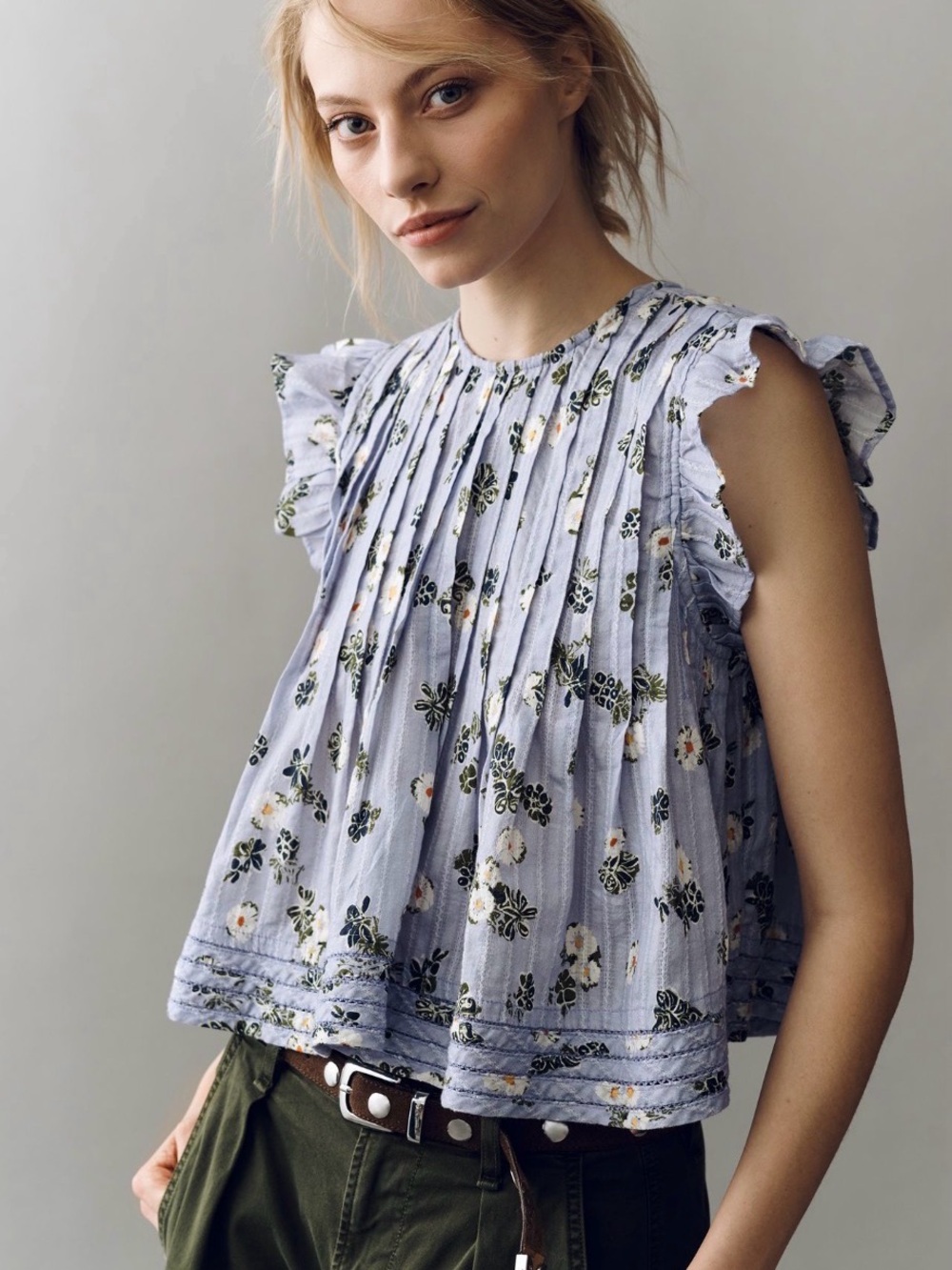 Anthropologie Lavender Floral Pintucked Ruffle-Sleeve Top